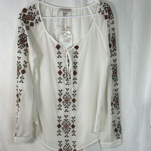 Blu Pepper Vintage Ivory Aztec Embroidery Tie Front Poet Blouse Women’s Large